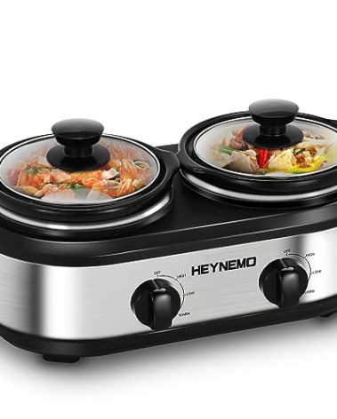 Double Slow Cooker, Buffet Servers and Warmers, Dual 2 Pot Slow Cooker Food Warmer, Adjustable Temp Dishwasher Safe Removable Ceramic Pot Glass Lid, 2 x 1.25 QT Portable Small Crock Cooker