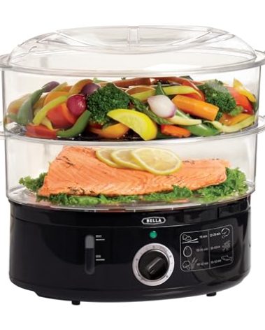 BELLA Two Tier Food Steamer with Dishwasher Safe Lids and Stackable Baskets & Removable Base for Fast Simultaneous Cooking - Auto Shutoff & Boil Dry Protection, Stainless Steel, 7.4 QT, Black