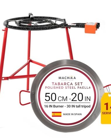Machika Tabarca Paella Kit with 22-in 55-cm Carbon Steel Pan | 8-16 in Double Ring Paella Burner and Stand Set (33 in) | Perfect for Gastronomic Events, Caterings, Camping | 14 Servings |