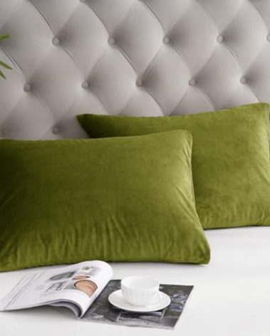 PHF Super Soft Velvet Pillowcases King Size, No Insert, 2 Pack Luxury Cozy Warm Pillow Shams Covers with Envelope Closure, 20" X 36" Cozy Fuzzy Flannel Pillow Case, Olive Green