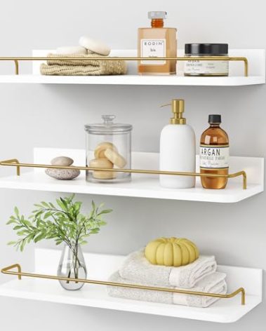 Forbena Gold Floating Shelves for Wall Decor Set of 3, Bathroom Shelves Over Toilet, Modern Display Wall Shelf with Guard Rail for Living Room Bedroom Organizers and Storage - White and Gold