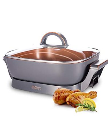 Crux Extra Deep Nonstick Scratch Resistant Electric Skillet with Removeable Temperature Probe, 12" x 12", silver (14620)