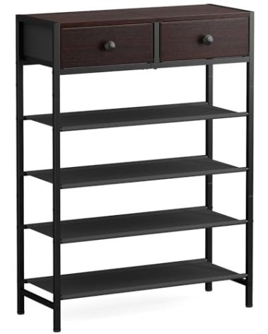 UNITSTAGE Shoe Rack, 5 Tier Shoe Organizer with 2 Drawers, Metal Shoe Storage for 16-20 Pairs of Shoes with Fabric Shelves and Wooden Top, Narrow Shoe Shelf for Closet Entryway Dark Brown