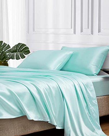 MR&HM Satin Bed Sheets, Queen Size Sheets Set, 4 Pcs Silky Bedding Set with 15 Inches Deep Pocket for Mattress (Queen, Turquoise)