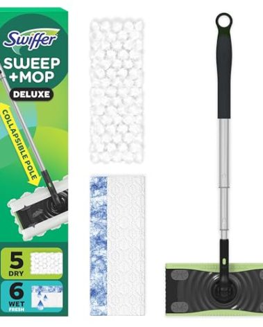 Swiffer Sweep & Mop Deluxe 2-in-1 Floor Mopping and Sweeping Kit, Multi-Surface Kit for Floor Cleaning, Kit Includes 1 Sweeper Device, 5 Heavy Duty Dry Sweeping Cloths, 6 Heavy Duty Wet Mopping Cloths