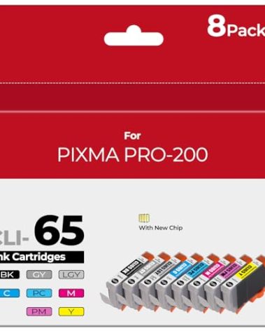 CLI-65 Ink Cartridges with Chip for PIXMA PRO 200 Printer - Compatible with Canon CLI-65 CLI65 Ink Cartridge Replacement for PIXMA PRO-200S Printer, 8 Color Pack (1BK, 1C, 1M, 1Y, 1PM, 1PC, 1GY, 1LGY)