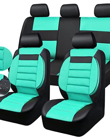 CAR PASS Leather 3D Foam Back Support Car Seat Covers Full Set Air Mesh Automotive Seat Covers, All Season Car Seat Cover Fit Automotive,SUV,Sedan,Van, Airbag Compatible Elegance (Black and Mint/Teal)