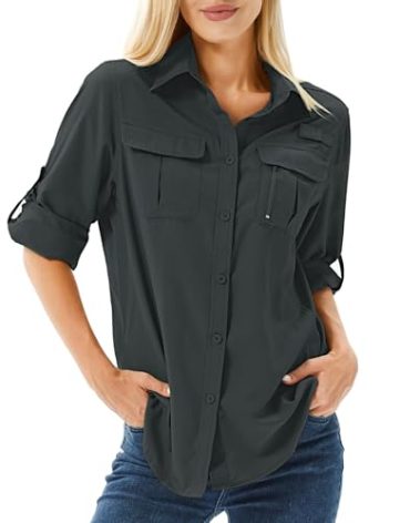 Women's UPF 50+ Long Sleeve UV Sun Protection Shirts, Fishing Hiking Travel Shirt,Breathable and Fast Dry(5071,Black Grey,XL)