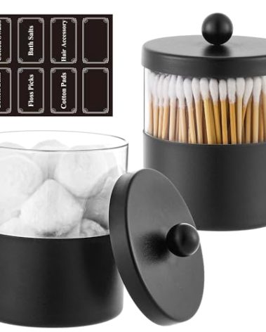 Gaussra Black Apothecary Jars, Black Qtip Holder - Stainless Steel Bathroom Jar with Stickers - Farmhouse Decor Qtip Dispenser for Qtips, Cotton Balls, Swabs, Makeup Sponges (2-Pack)