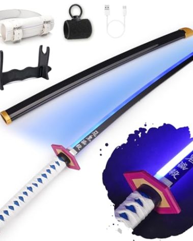 RENGENG Light Up Giyu Sword, 40 Inches Rechargeable Plastic Anime Replica with Belt & Stand, Original Texture Anime Sword