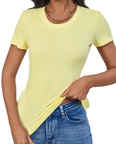 Yellow T Shirt for Women Womens Ribbed Basic Trendy Stretchy Lightweight Summer Tops(Yellow Small)
