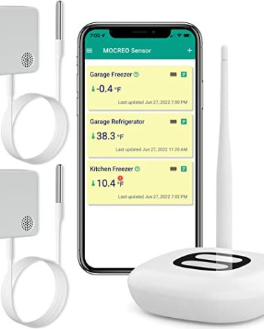 MOCREO WiFi Thermometer Freezer Alarm, Email Alert, App Notification, Data Record Export, No Subscription Fee, 2 Remote Wireless Temperature Sensors for Refrigerator, Freezer, Hot Tub