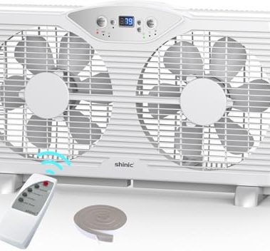 shinic Twin Window Fan, 9-Inch Blades Reversible Airflow, Thermostat Control, 3 Speeds, 23.8"-37" Expandable Width, Window Exchaust Fans for Home Bedroom, ETL Certified