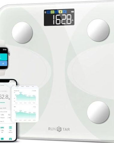Runstar Smart Scale for Body Weight and Fat Percentage, High Accuracy Digital Bathroom Scale FSA&HSA Eligible with LCD Display for BMI 13 Body Composition Analyzer Sync with Fitness App - White