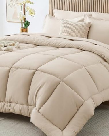 Sasttie Queen Comforter Set, Beige 7 Pieces Bed in a Bag Queen, Complete Bedding Set Includes Comforter, Flat Sheet, Fitted Sheet, Pillowcases and Pillow Shams, Beige