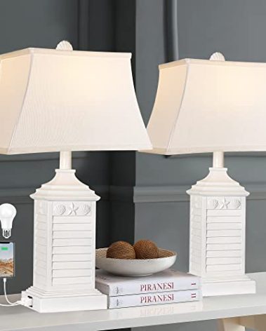 Table Lamps for Living Room Set of 2, Coastal White Bedside Lamps for Bedroom with USB A+C Outlet Modern Resin 3-Color Temperature Nightstand Lamp for End Table (Bulbs Included)
