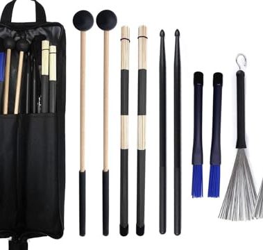 TUOREN Drumstick Bag with Floor Tom Hooks Includ 5 Pairs Drum Sticks Mallets Brushes Set Percussion Instrument Accessories for Kids Adults Drummer Practice Black