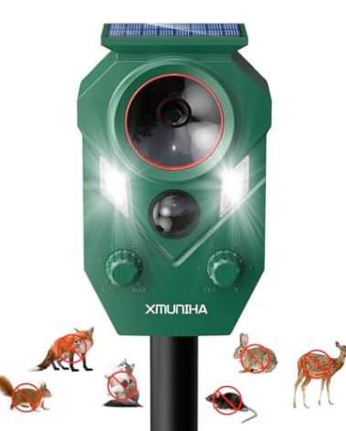 Solar Ultrasonic Animal Repellent Outdoor, Deer Repellent for Yard with RIP Sensor, IP65 Waterproof Squirrels Repeller, Effective Deterrent Cat, Raccoons, Skunks, Rabbits