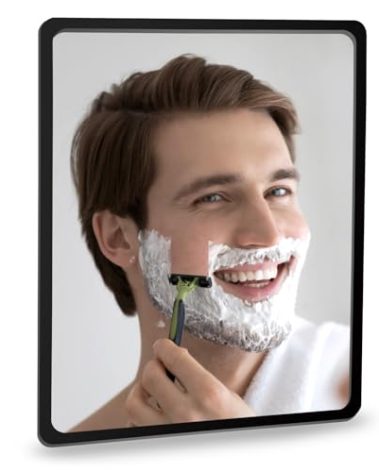 YoHumk Fog Free Shower Mirror (9 * 7 inch) 3M Adhesive Anti-Fog Bathroom Wall Mirror, Fogless Shower Makeup Mirror for Shaving, Shatterproof Glassless Child Safe Mirror (Rectangular Black Frame)