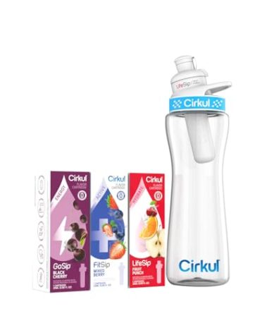 Cirkul 22oz. BPA-Free Plastic Water Bottle Starter Kit with Blue Lid, 3 Flavor Cartridges (1 LifeSip Fruit Punch, 1 FitSip Mixed Berry, 1 GoSip Black Cherry) Zero Calories and No Sugar