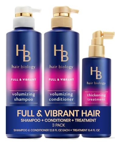 Hair Biology Full & Vibrant Set Including: Volumizing Shampoo (12.8 Fl Oz), Conditioner (12.8 Fl Oz) & Thickening Treatment (6.4 Fl Oz), for Thin or Fine Hair, Biotin Infused, Paraben-Free, Color-Safe