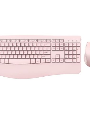 Wireless Keyboard and Mouse - Full Size Ergonomic Keyboard with Palm Wrist Rest Ergonomic Mouse Cordless for Windows Computers Laptops - Light Pink (Upgrade)