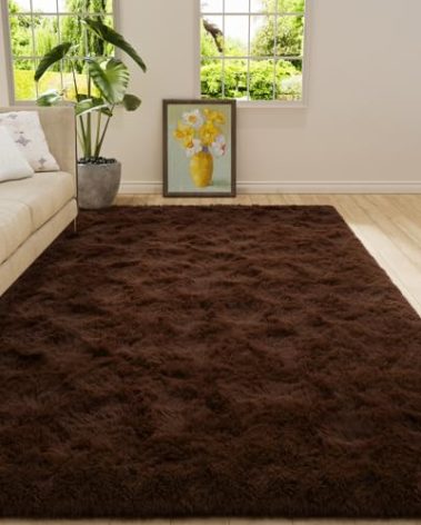 Amearea Premium Soft Fluffy Rug Modern Shag Carpet, 4x5.3 Feet, Fuzzy Shaggy Rugs for Bedroom Living Room Teen Apartment Decor, Comfortable Indoor Furry Dorm Carpets, Brown