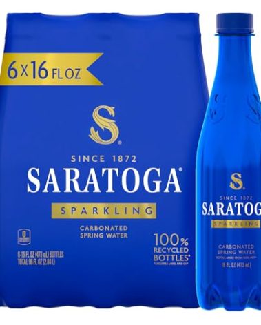 Saratoga Sparkling Water Bottles, 6-Pack - Carbonated Spring Bottled Water with Naturally Occurring Minerals & Electrolytes - Recycled PET Plastic Bottles - 16 Fl Oz