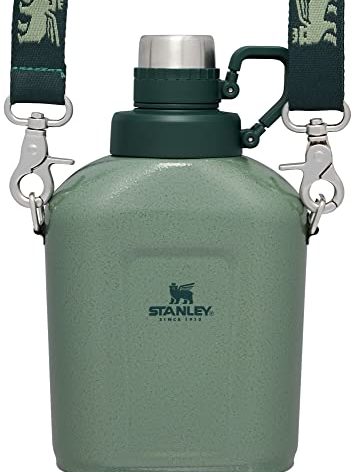 Stanley Legendary Classic Canteen 1.1 qt | Leakproof Drink Container with Strap | Stainless Steel Water Bottle with Lid | Camping, Hiking, Travel | BPA-Free | Hammertone Green