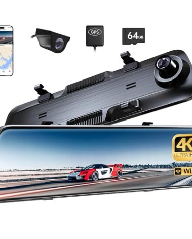 Pelsee P12 Plus 4K Rear View Mirror Camera with ADAS and BSD, 5.8GHz WiFi Mirror Dash Cam Front and Rear, Backup Camera for Car, GPS, 64GB Card Included, WDR Night Vision, Voice Control, 12" Display