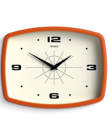 JONES CLOCKS® Movie Wall Clock | Rectangular Retro Clock | 10 inch | Orange | Cool mid-Century Designer Look for Kitchen, Living Room or Office