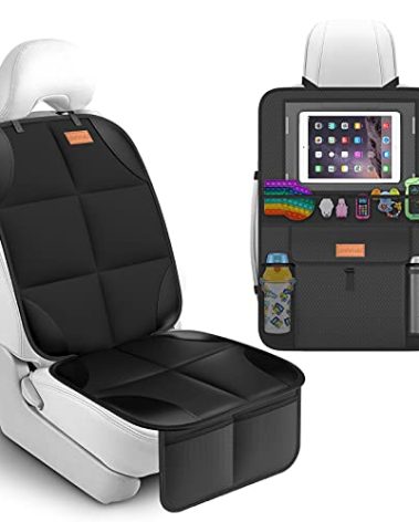 SMART ELF Non-Slip Backing Backseat Car Organizer Kick Mat with Storage Pockets, Large Waterproof Baby Car Seat Protector for Leather and Fabric (Black)