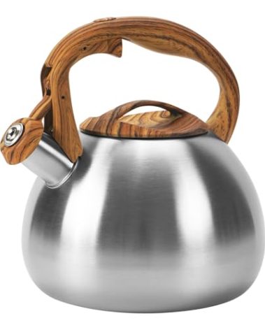 Classic Stainless Steel Whistling Kettle 3.2 Quart - Brushed Metal Finish with Wooden Handle, Stovetop Water Boiler for Home & Kitchen, Loud Alert Whistle & Drip-Free Spout (Silver)