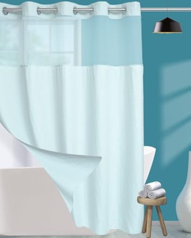 Conbo Mio No Hook Waffle Weave Shower Curtain with Snap in Liner Set, Hotel Luxury Blue Shower Curtains for Bathroom with See Through Top Window, Waterproof, Washable 71W x 74H
