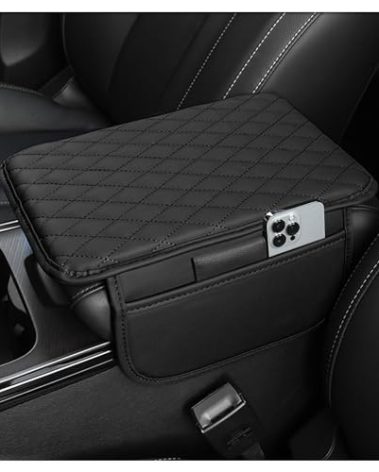 Upgraded Car Center Console Cover,Microfiber Leather Car Armrest Cover Cushion with 2 Storage Bags,Car Armrest Storage Box Car Interior Accessories for Most Vehicles (Black)