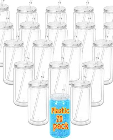 Maucircol 16 Oz Acrylic Snowglobe Tumbler, 20 Pack Pre-Drilled Double Wall Plastic Clear Cup for Glitter Snow Globe Diy, Double Wall Plastic Snowglobe Cup with Clear Lid