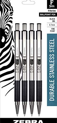 Zebra Pen F-301 Ballpoint Fine Point 0.7mm Stainless Steel Retractable Ballpoint 4-Pack – Easy-Glide Ink, Non-Slip Grip, Metal Clip, Refillable with F-Refill, Professional Design (27114)