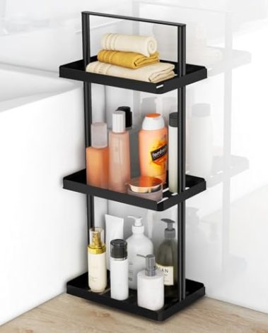 3 Tier Standing Shower Caddy Organizer Corner, Bathroom Shower Organizer Stand with Handle, Metal Shower Shelf Caddy Corner for Shampoo, Shower Rack Stands for Inside Bathroom, Bathtub, Black