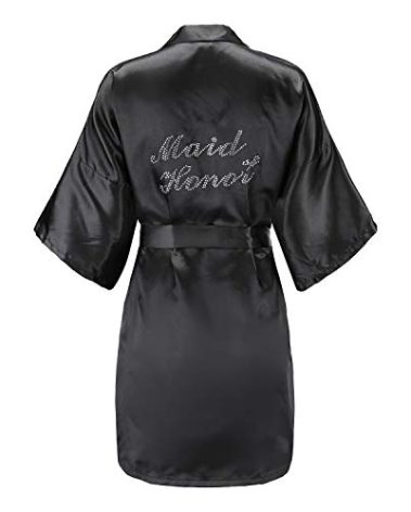 EPLAZA Women's One Size Silver Rhinestones Bride Bridesmaid Short Satin Robes for Wedding Party Getting Ready (Black, Maid of Honor)