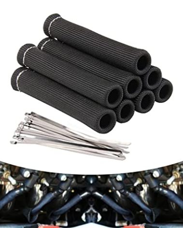 Spark Plug Wire Heat Shield Spark Plug Wire Boots Heat Shield Protector Sleeve 2500 Degree Spark Plug Heat Cover Wrap 6 Inch for SBC BBC 350 454 8PCS with 16pcs Stainless Steel Wire Ties (Black)