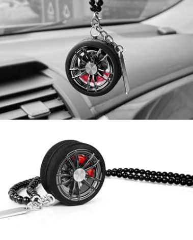 TSTESE Car Wheel Hub Shape Ornament Rearview Mirror Hanging Pendant Decor Automotive Rear View Swinging Decoration Interior Unique Ornaments Zinc Alloy Charms Accessories Gift for Owners (Gunmetal)