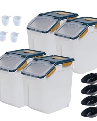 Begino Large Flour Storage Container Bin 25lb, 4Pack Airtight Rice Storage Containers with Wheels Seal Locking Lid, BPA Free with Measuring Cup&Scoop for Flour, Rice, Grain(Blue)