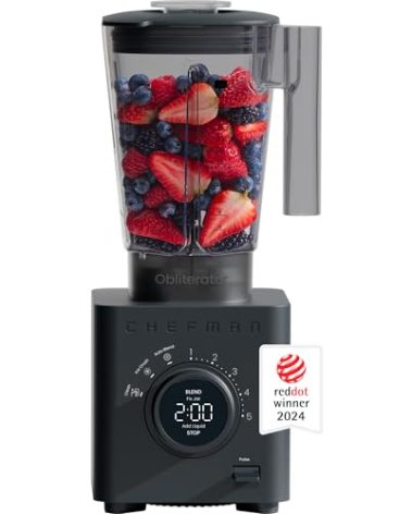 Chefman Obliterator 48 oz Countertop Blender for Smoothies, 1380W Motor to Crush Ice, Nuts, and Frozen Fruit with Stainless Steel Blade, Auto Blend Function, Includes Tamper and Scraper - Midnight