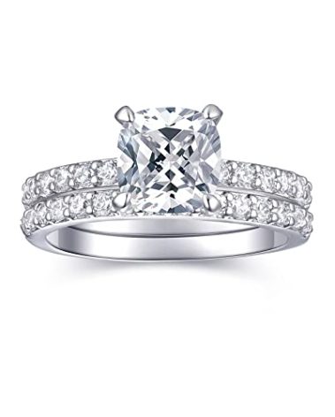 AONED Engagement Rings For Women Wedding Rings Fake Engagement Ring Set Promise Rings For Her 2 Carat 2CT Cushion Cubic Zirconia CZ Bridal Ring Sets Wedding Rings Cheap Band 2pcs, Size 7