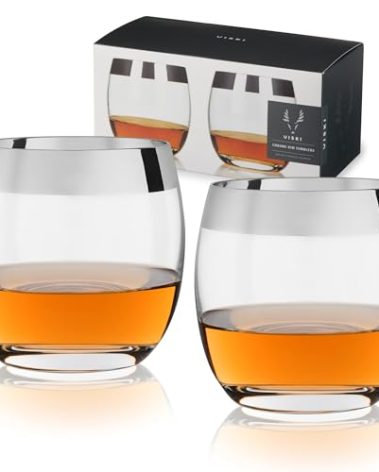 Viski Irving Chrome Rim Crystal Lowball Tumblers Set of 2 - Premium Crystal Clear Cocktail Glass Gold Rimmed Glassware, Stylish Lowball Whiskey Glass Gift Set, 9 oz