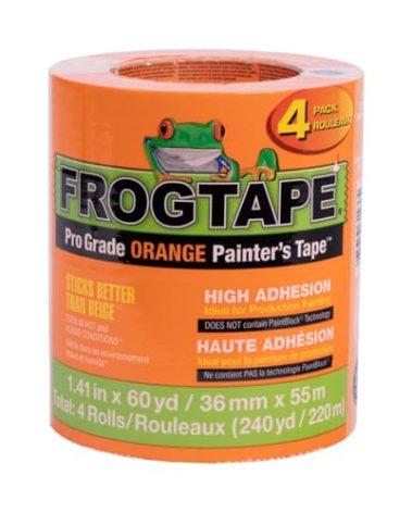FrogTape ProGrade Orange Painters Tape, 1.5 Inch Wide (1.41 In. x 60 Yds), High Adhesion, Paint Tape for Indoor & Outdoor Applications, Orange, 4 Rolls (242808)