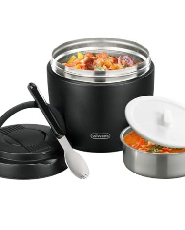 wiwens Thermo Food Jar for Hot Food Adults 32OZ Soup Thermo Lunch Containers Wide Mouth Vacuum Insulated Stainless Steel Leakproof Bento Box with Spoon (Black)