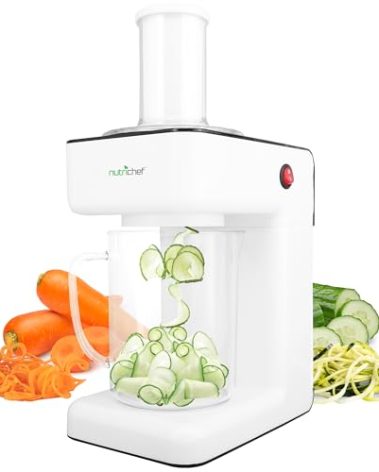 NutriChef 3-in-1 Electric Vegetable Chopper, Spiralizer, and Salad Maker - Fruit Cutter, Spiral Shredder Machine, Veggie Spaghetti & Noodle Maker | Includes Food Plunger & 1.2L Bowl