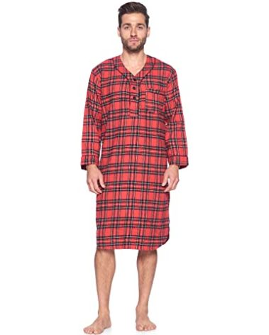Ashford & Brooks Mens Flannel Plaid Long Sleep Shirt Henley Nightshirt, Red Stewart, Large