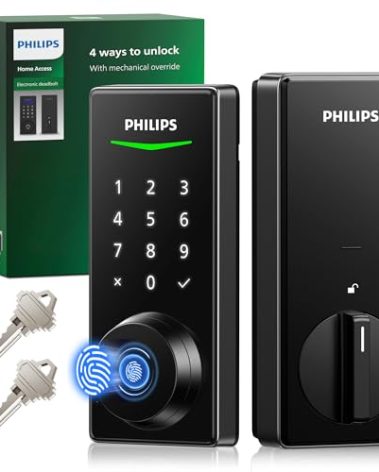 Philips Fingerprint Keyless Entry Door Lock, Electronic Door Lock with Touchscreen, Long-Lasting Battery, Auto Locking, One-Time Code, Keypad Deadbolt, One-Touch Locking, Matte Black